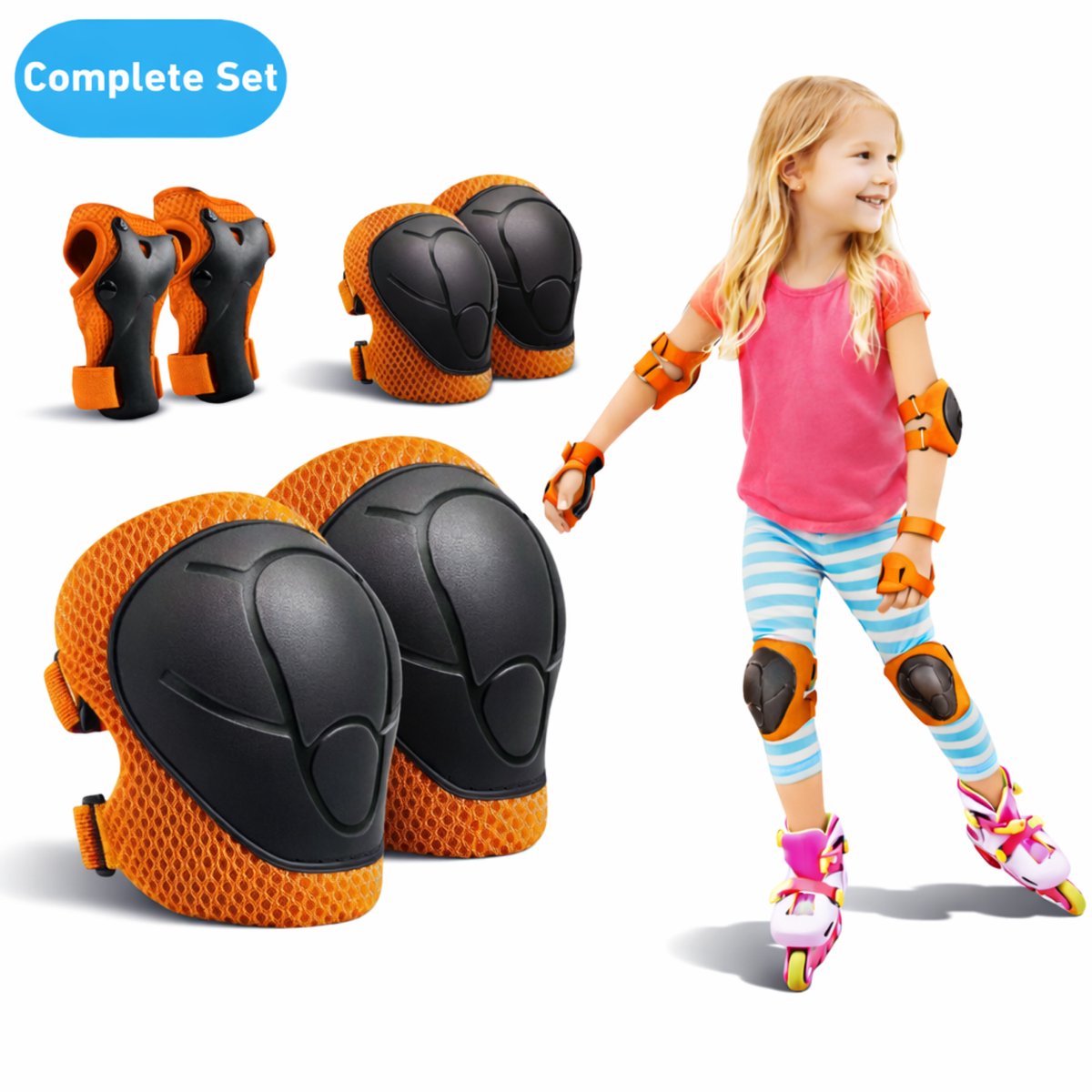Hunta® Skate Beschermset Kinderen Beschermers Skeelers & Skates Valbescherming met Kniebeschermers Polsbeschermers en Elleboogbeschermers Verstelbare Skeeler Bescherming Skateboard & Rolschaatsen Skeeleren en Skaten voor Kind Oranje