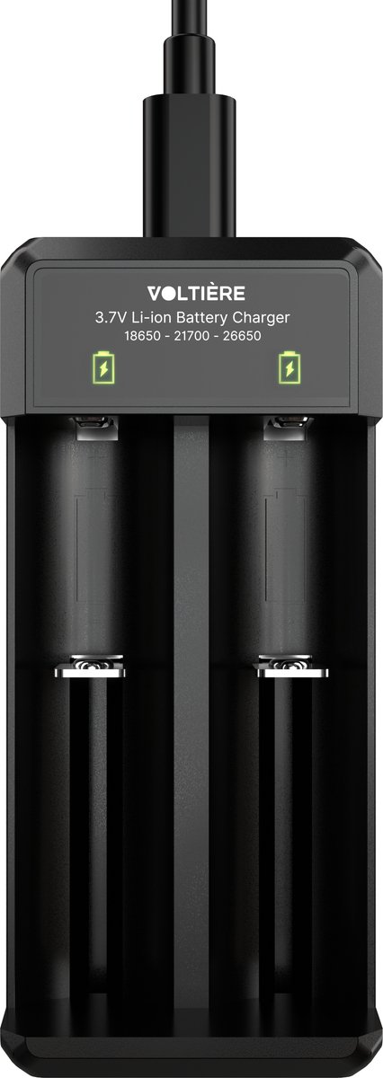 Voltière 2-Poorts 18650 Oplader - Voor Li-ion 3.7V Oplaadbare batterijen: 26700, 26650, 26500, 25500, 22700, 21700, 20700, 22650, 22500, 18700, 18650, 18500, 18490, 18350, 17650, 16650, 16340, 14650, 14500 & 10450