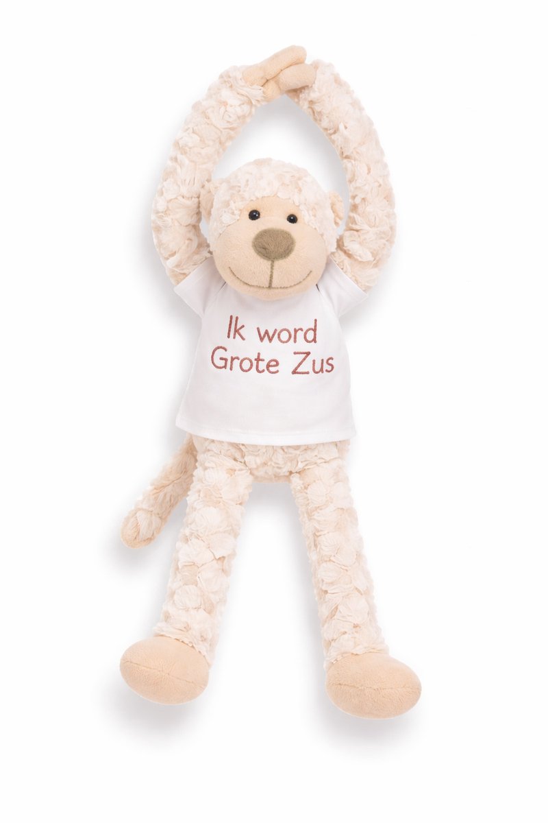 Knuffel Aap met Geborduurd Shirt “Ik word grote zus” – Zwangerschap Aankondiging – Cadeau Grote Zus – Knuffel met Tekst – Baby Aankondiging – slinger aap