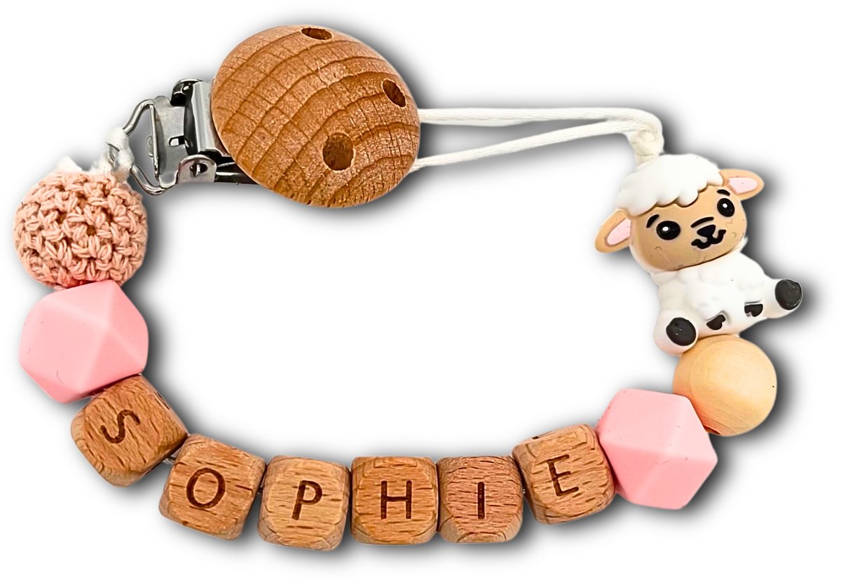 Speenkoord met naam - Schaap | Personaliseer - Roze - Kraamcadeau - Speenketting - Babycadeau - Babyshower