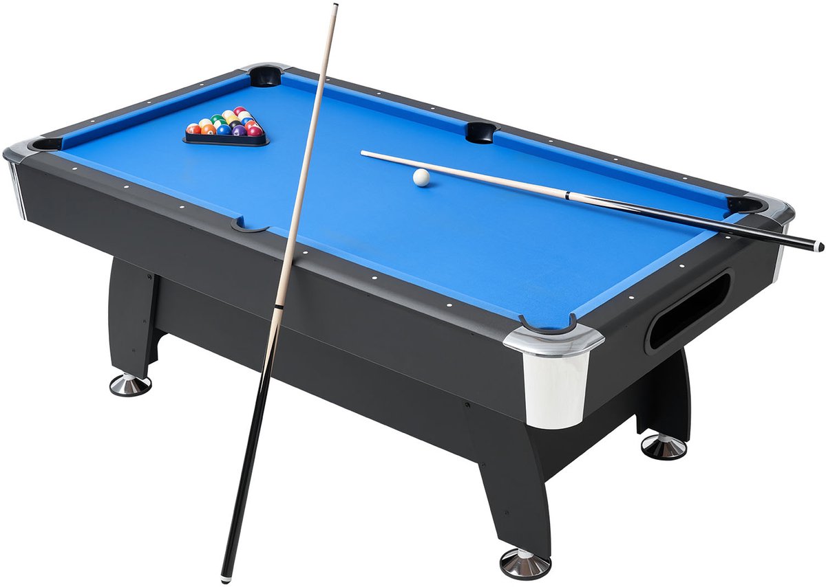 VEVOR Pooltafel 213cm Moderne Speeltafel met Verstelbare Poten, Complete Set Inclusief Ballen / Keuen / Standaard / Krijt / Borstel, voor Speelkamer/recreatieruimtes Zwart Met Blau