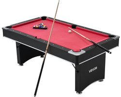 VEVOR Pooltafel 183cm Moderne Speeltafel met Verstelbare Poten, Complete Set Inclusief Ballen / Keuen / Standaard / Krijt / Borstel, voor Speelkamer Recreatiekamers Zwart met Rood Laken