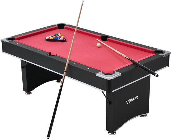 VEVOR Pooltafel 183cm Moderne Speeltafel met Verstelbare Poten, Complete Set Inclusief Ballen / Keuen / Standaard / Krijt / Borstel, voor Speelkamer Recreatiekamers Zwart met Rood
