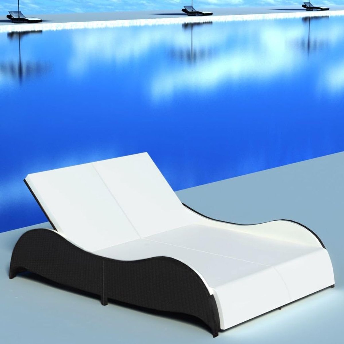 Luxe 2-Persoons Polyrattan Ligbed met Kussens en Verstelbare Rugleuning – 200 x 132 x 45 cm Weerbestendige Tuin Lounger voor Terras, Balkon en Tuin – Zwart met Crème Kussens