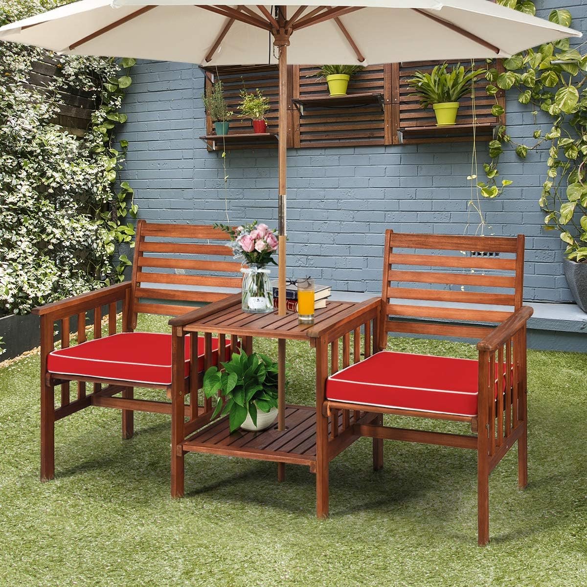 Tuinbank met Tafel en Zitkussens 2-Zits – 165 x 65 x 88 cm, Acaciahouten Outdoor Bank met Parasolgat, Comfortabele Tuinmeubelset voor Balkon, Terras, Tuin en Zwembad – Rood, Laura