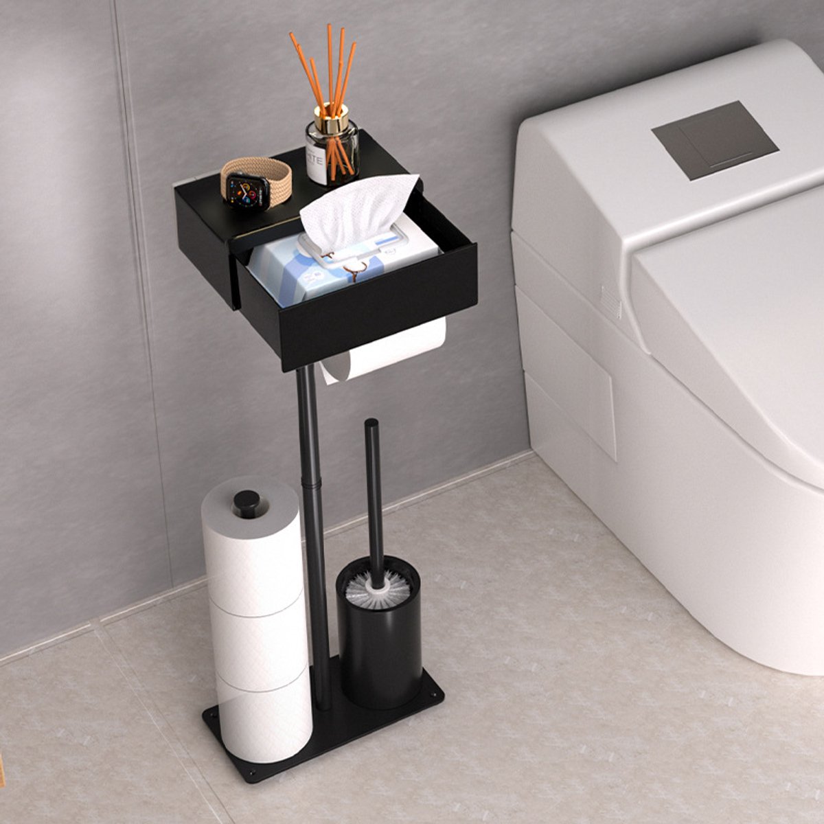 Topmelon Toiletrolhouder Staand met lade en toiletborstelr - WC Rolhouder - Zwart - Zonder boren -Vrijstaand - 3 in 1 WC papier rollen Zwart