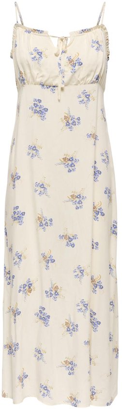 Robe crème avec imprimé floral bleu et orange et volants