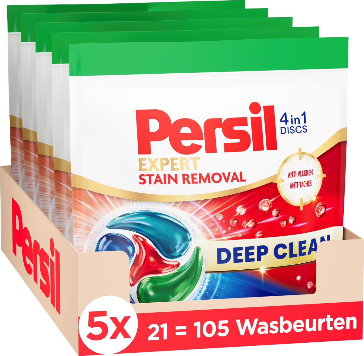 Persil Wasmiddel - Wasmiddelcapsules - Discs Stain - 4-in-1 Discs - Witte & Gekleurde Was - Voordeelverpakking- 5 x 21 = 105 Wasbeurten