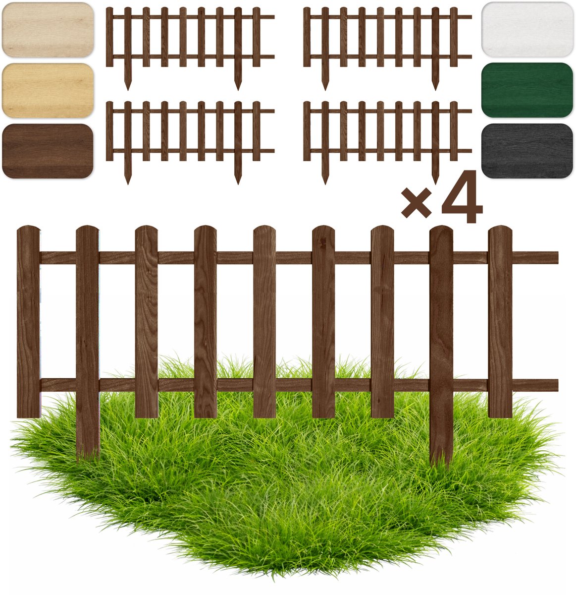 Floranica Set van 4 Perkhekje Tuinhek Grenen tuinhek Gazonrand 30 x 100 cm Bruine Houten Sierhekwerk Decoratief Borderrand Tuinaanleg