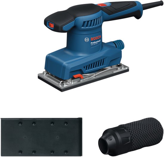 Blauwe Bosch GSS 20-18 A vlakschuurmachine, inclusief schuurzool en stofzak.