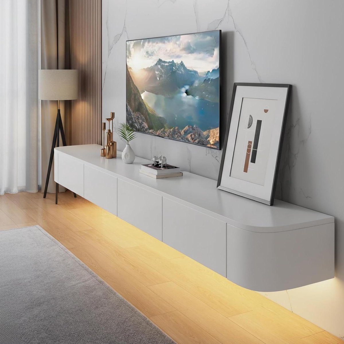 Zwevende TV Kast - TV Meubel Hangend - Woonkamer Opbergen - Afgeronde Hoeken LED - 160cm Breed - Wit