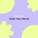 Paarse achtergrond met gele bloemvormige decoraties. Tekst: 'happycase Color Your World'.