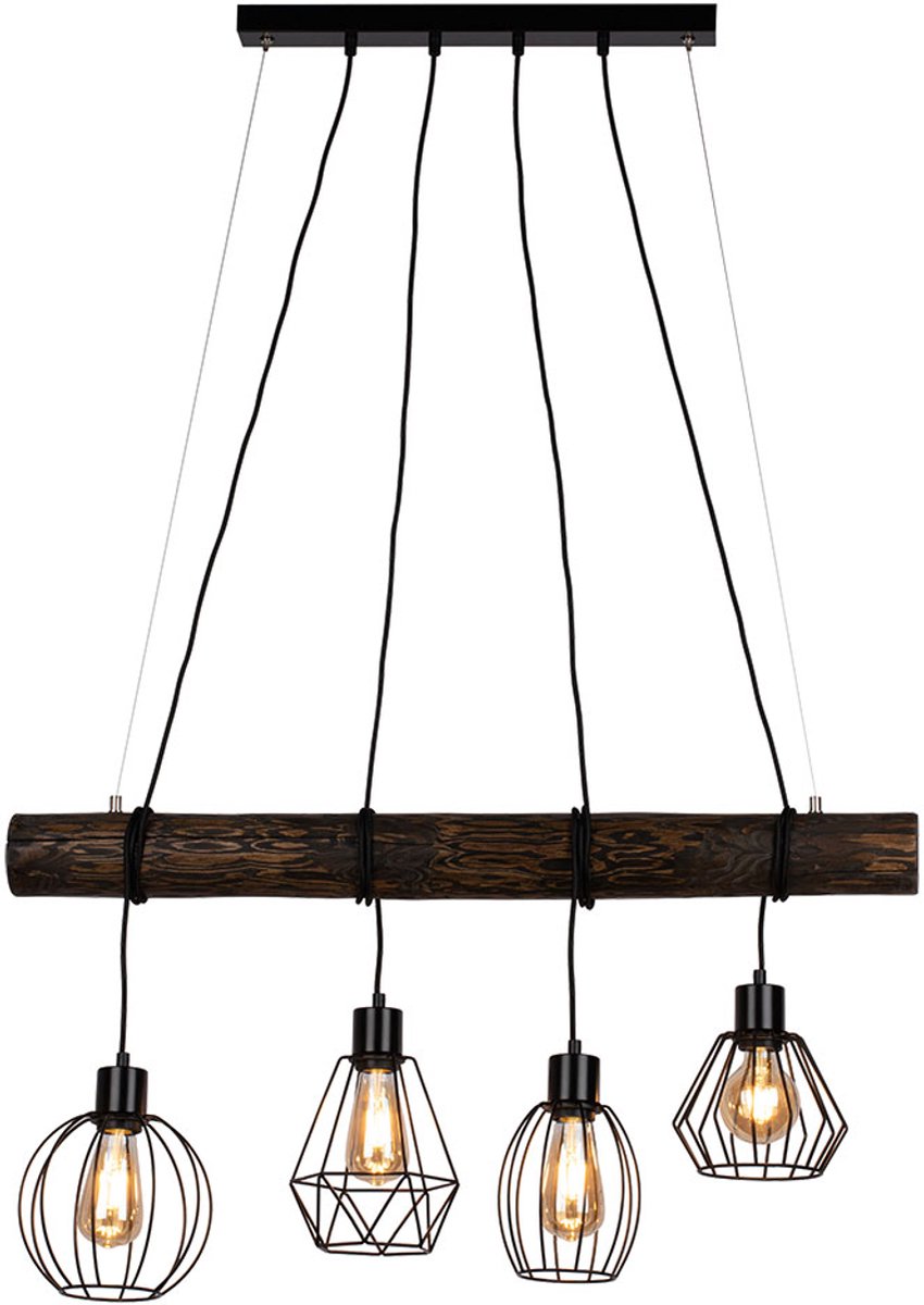 Hanglamp in hoogte verstelbaar eettafellamp hanglamp 4 vlammen houten lamp landelijke stijl, diverse raster kappen, 4x E27, LxH 90x150 cm