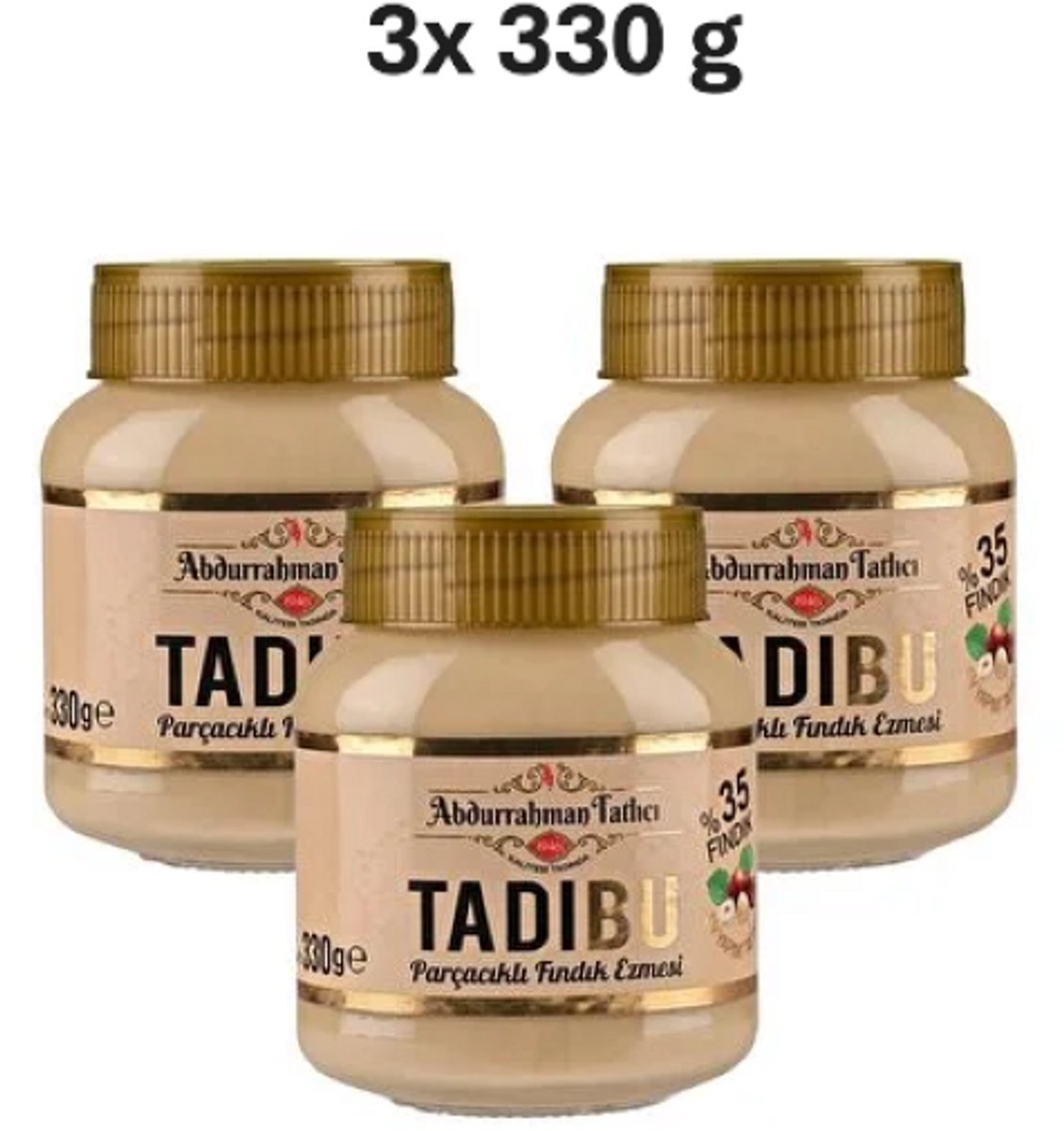 Tadibu Premium Hazelnootpasta met Stukjes 3x 330g – 35% Hazelnoten | Glutenvrij | Zonder Toevoegingen