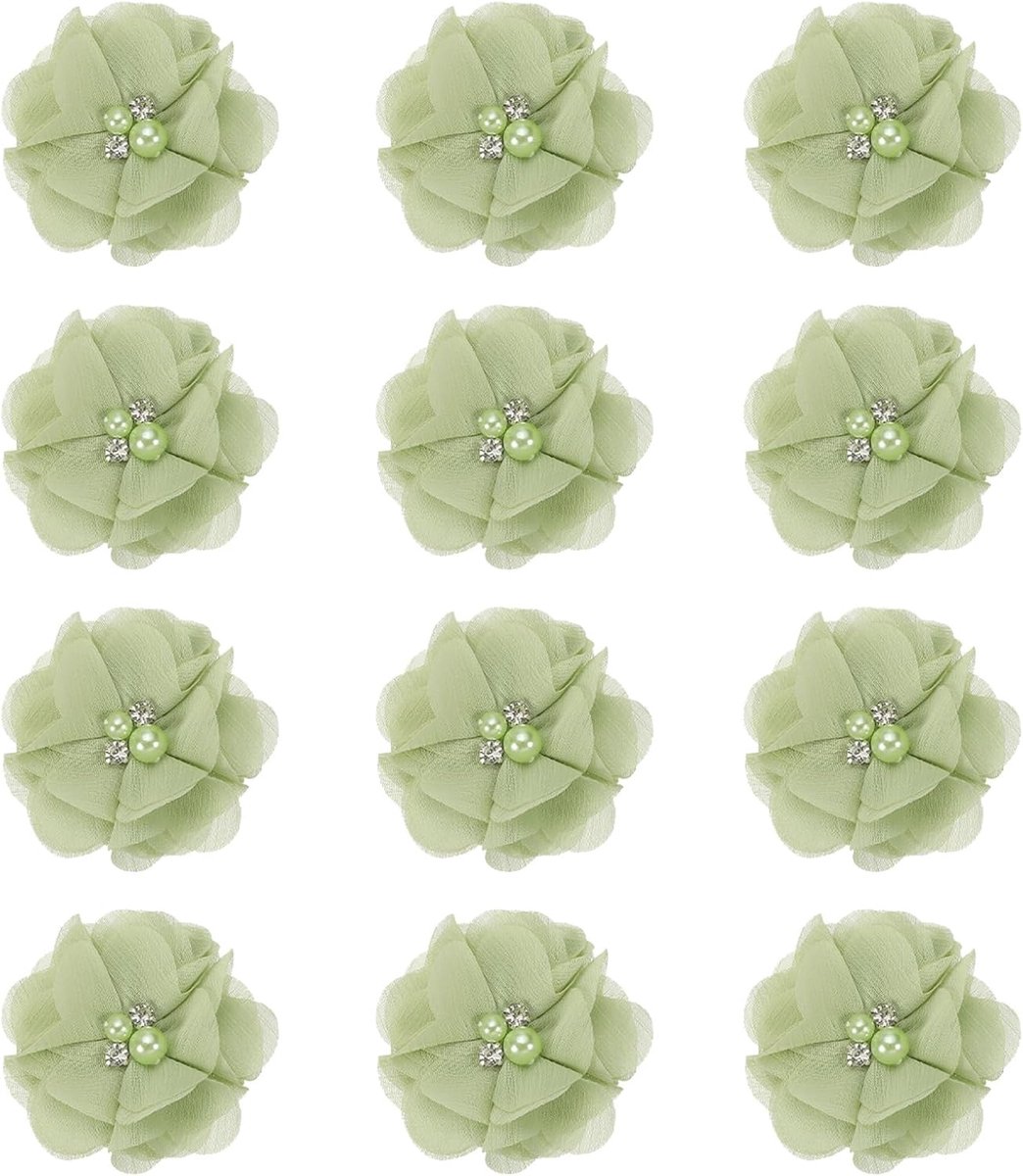 Chiffon Bloemen - Stof Applicaties - DIY Decoratie - Met Strass Parel - 2 Inch - Groen