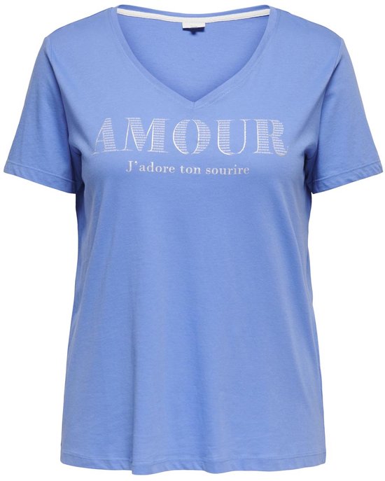 T-shirt bleu clair à col en V avec imprimé texte 'AMOUR J'adore ton sourire'.