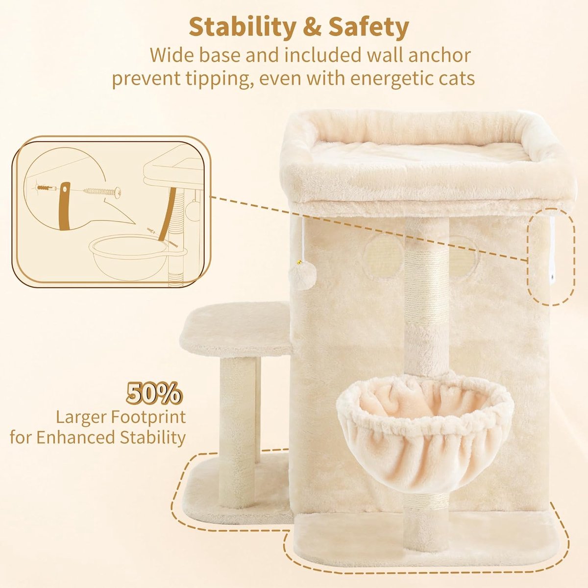 Katten Krabpaal 65cm Met Groot Platform Dubbel Huis Sisal Speelgoed Beige Compact – foto 8