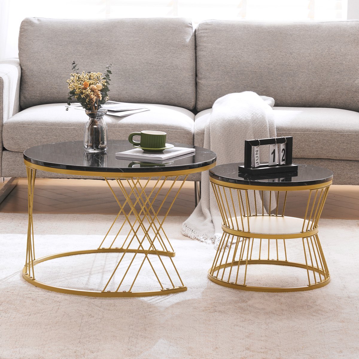 MODFU Salontafelset - Nestbaar - Rond - Modern - Voor Woonkamer - MDF Met Marmerpatroon - Zwart En Goud - 70 X 70 X 47 Cm Zwart PU