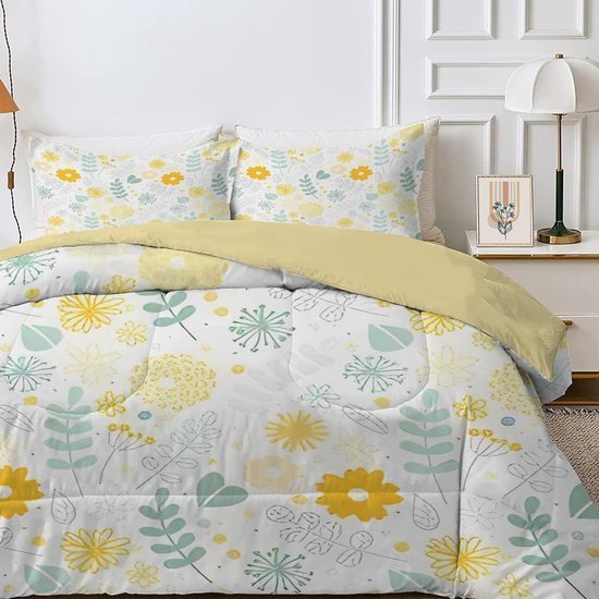 Tweepersoons Dekbed - Dubbel Dekbed - Slaapkamer Comfort - Omkeerbaar Geel Bloemenpatroon - 200x200cm - Wit