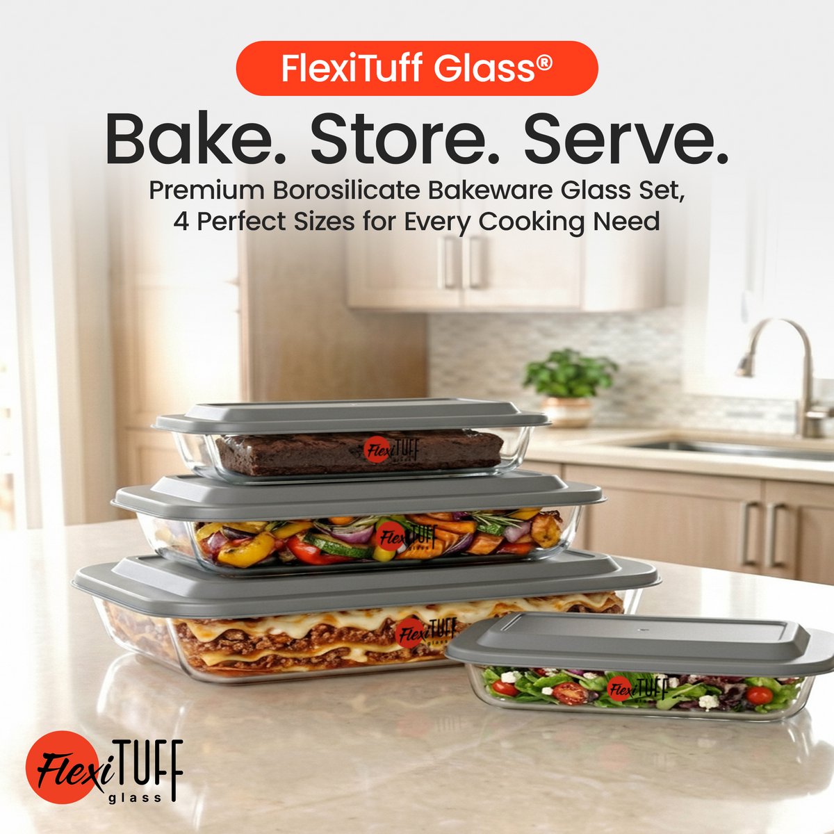FlexiTuff Glass Rechthoekige Ovenschalen met PP Deksel – 4-Delige Set