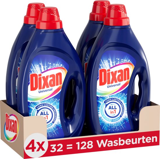 Lot promotionnel de quatre bouteilles de lessive Dixan Universal dans un porte-carton. Les bouteilles sont bleu foncé avec des bouchons rouges.