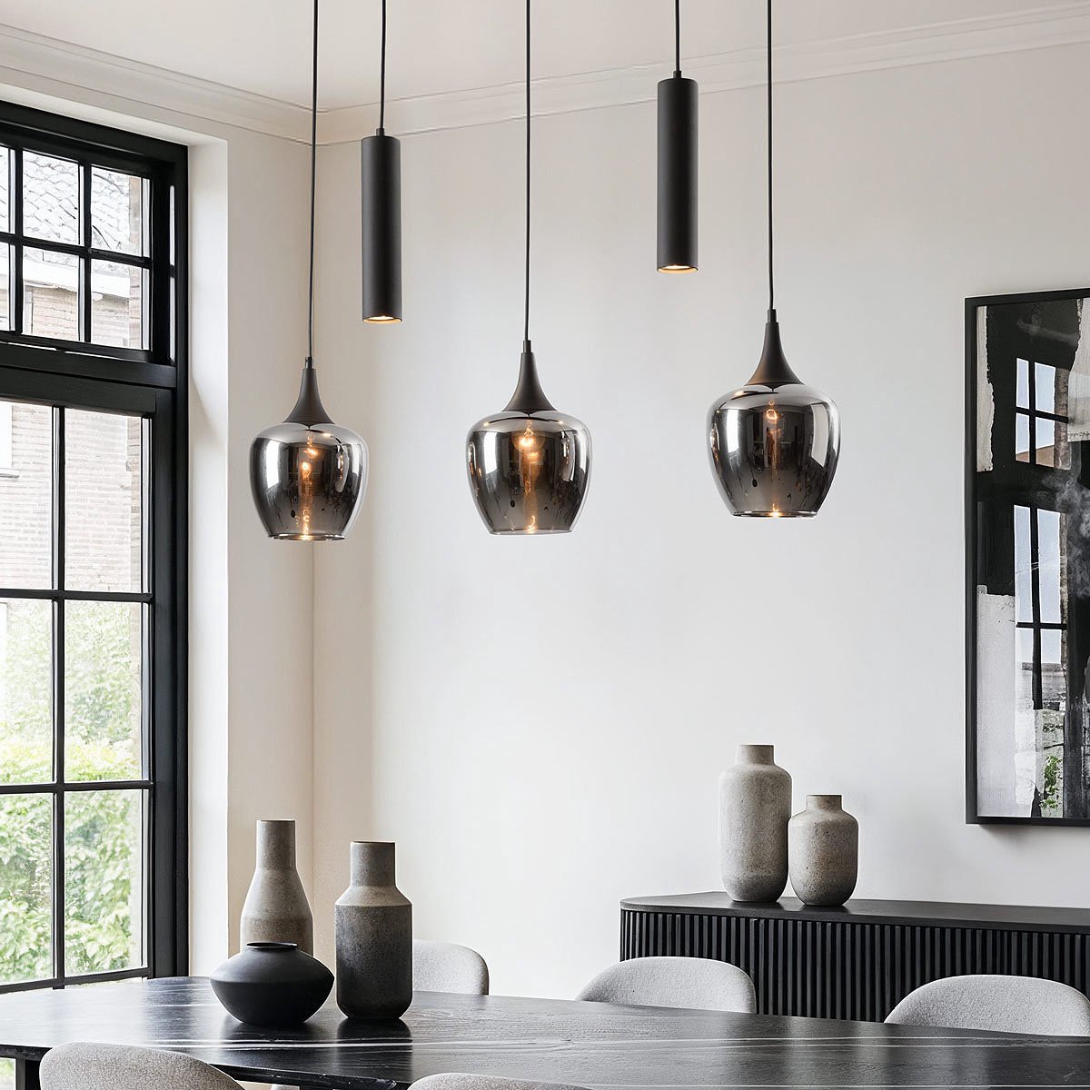 LumenXL 5-lichts hanglamp Eloi - drie rookglazen kappen - twee GU10 spots