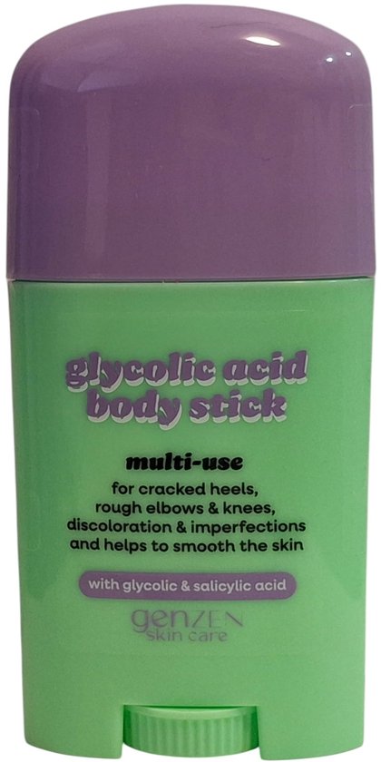 Groene stick met paarse dop, met tekst 'glycolic acid body stick multi-use'.