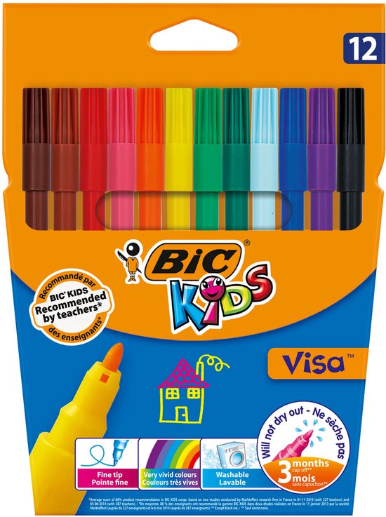 BIC Kids Visa Fijnschrijvende Viltstiften - Diverse Kleuren - Verpakking van 12