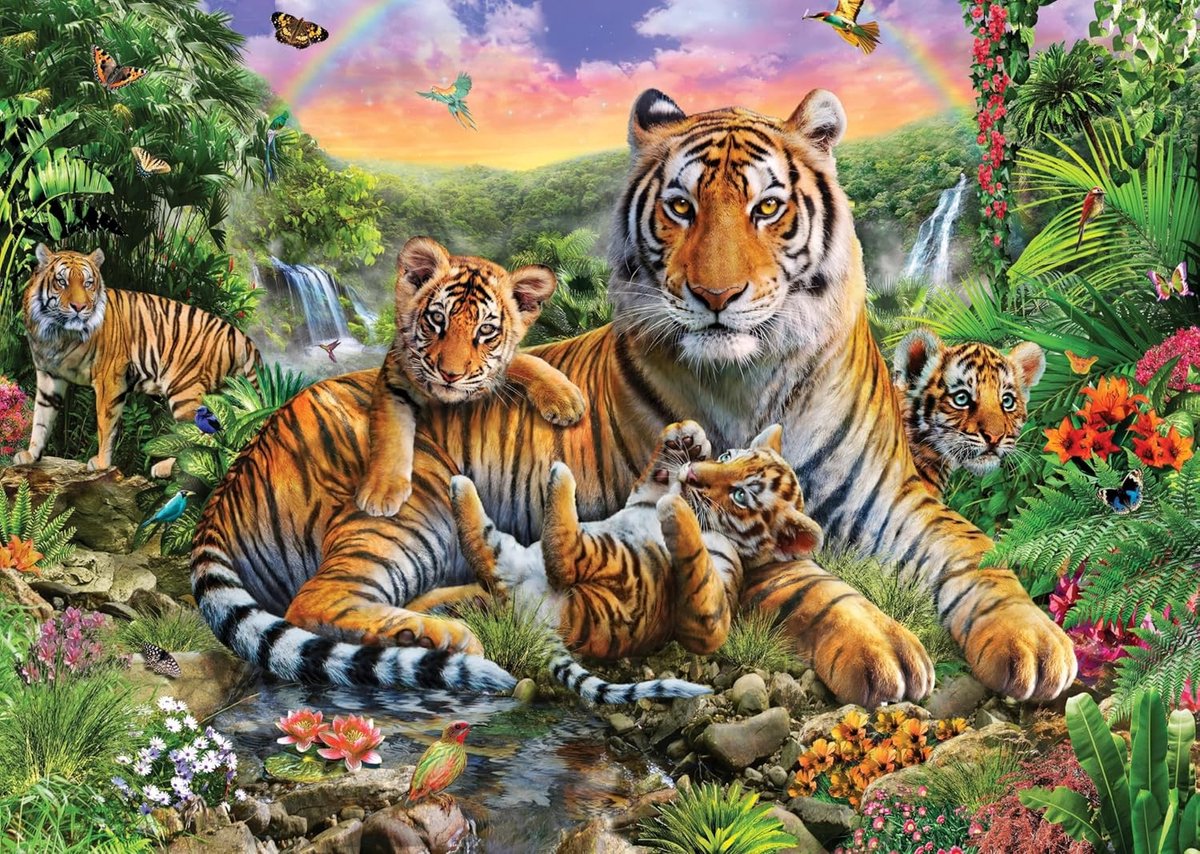 Puzzel 1000 stukjes - Legpuzzel Volwassenen - Ontspanning en Educatie - Levendige Kleuren - 70 x 50 cm - Tijgerfamilie