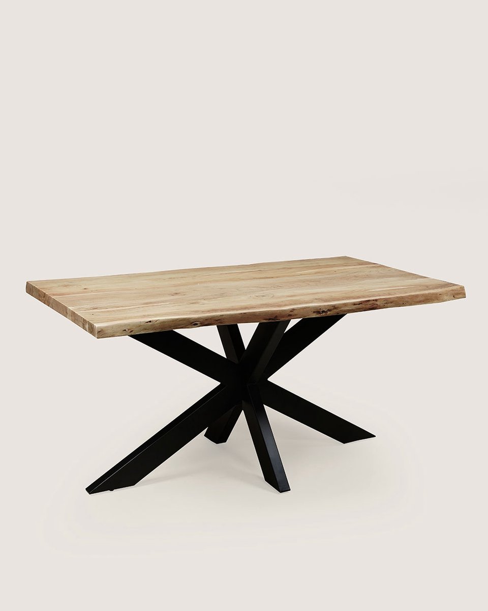 Boomstam Eettafel 220 cm Acaciahout – Zwart Metalen Matrix Onderstel – Industrieel – 8-10 Personen