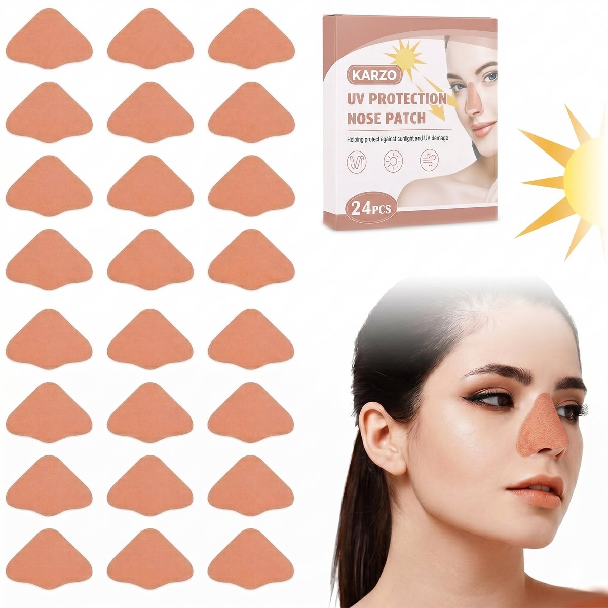 KARZO Neusbescherming tegen de Zon – UV Neuspatches – Ademend Katoen – Beige – Voor Wandelen, Fietsen, Hardlopen & Outdoor – 24 Stuks
