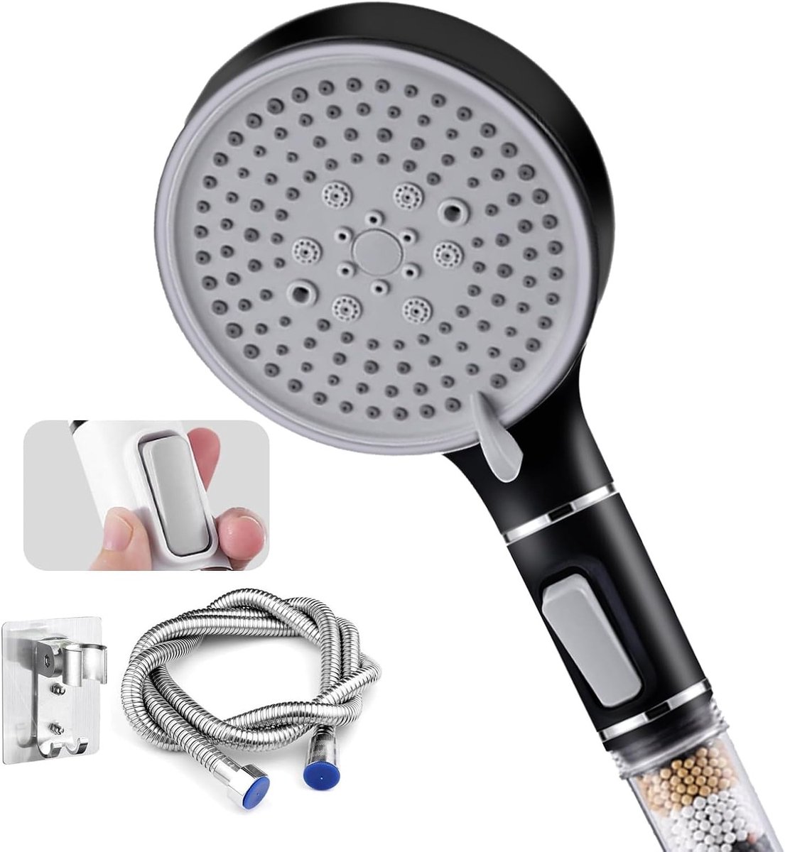 Krachtige Handdouche met 5 Spraystanden, 2 m Slang en Houder, Waterbesparend en 4-Laags Filtratiesysteem voor Hard Water met Pauzeknop