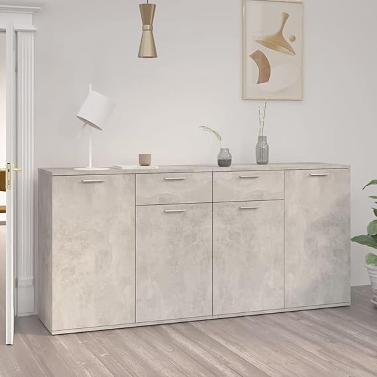 Moderne Dressoir Kast met Schuifdeuren en Lades – Stapelbare Buffetkast / Sideboard Opbergkast 160x36x75 cm in Beton Grijs
