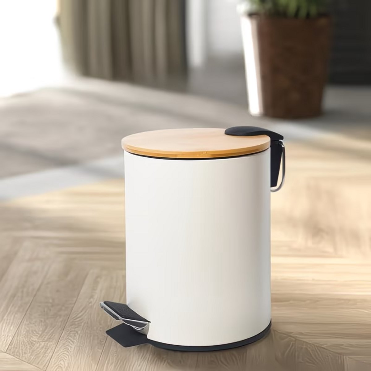 Badkamer Afvalemmer, Rond, met Deksel, Pedaal, 5 Liter, Wit, 20,5 x 26,5 cm