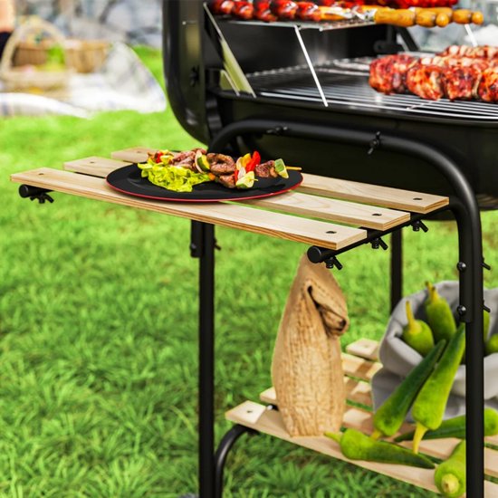 Premie Stalen Houtskool Barbecue - Smoker Barbecue - Houtskoolgrill - Grillwagen met Afsluitbaar Deksel, Wielen, Handvat, Houten Plank - BBQ voor Kamperen, Buiten, Tuin - 98 x 54 x 91 cm - Zwart van Merkloos — afbeelding 5
