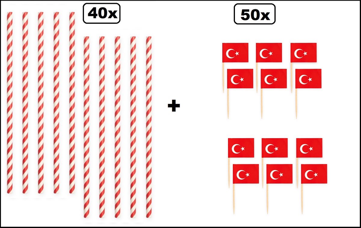 40x Papieren rietjes landen Turkije 20cm + 50x Cocktail vlag prikkers Turkije - WK sport festival themafeest party
