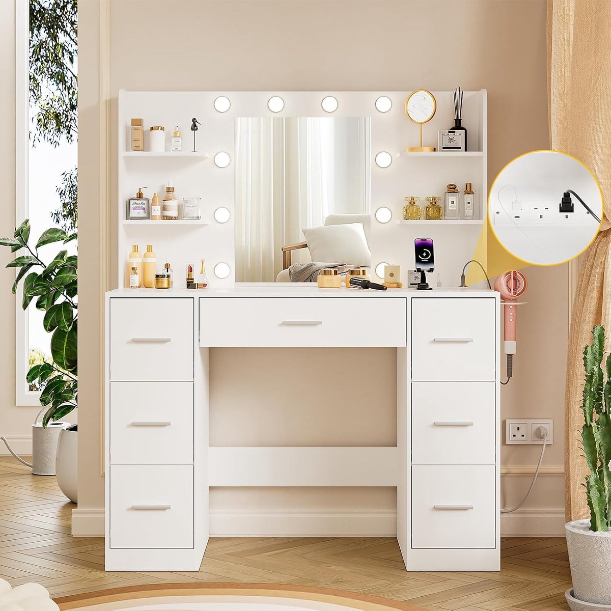 Luxe Hollywood Kaptafel met LED Spiegel, 10 Dimbare Lampen, Stopcontacten & USB, 7 Lades en 4 Opbergvakken, Moderne Make-uptafel 110x40x137 cm
