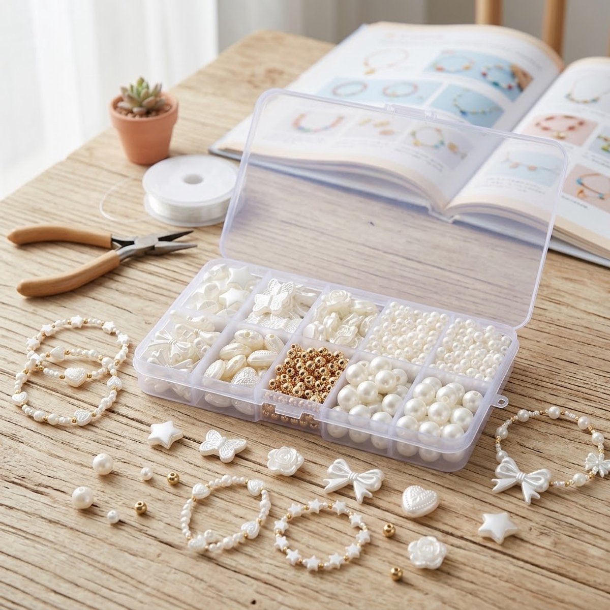 Wit kralen set sieraden maken dames DIY pakket met parel kralen mix hart ster bloem vormen inclusief opberg doos voor armband ketting telefoon hanger knutselen — cadeau in Hobby - foto 3