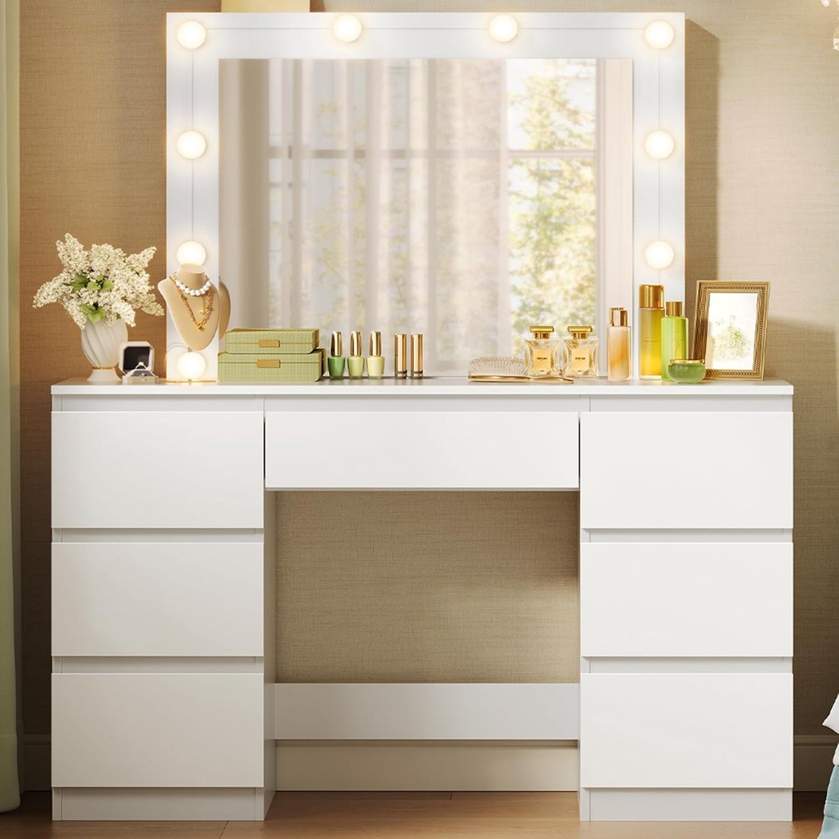 Luxe Make-up Tafel met LED Verlichting, Spiegel en 7 Lades – Kaptafel / Vanity Table 107x140x39,5 cm, Modern Wit Slaapkamer Meubel