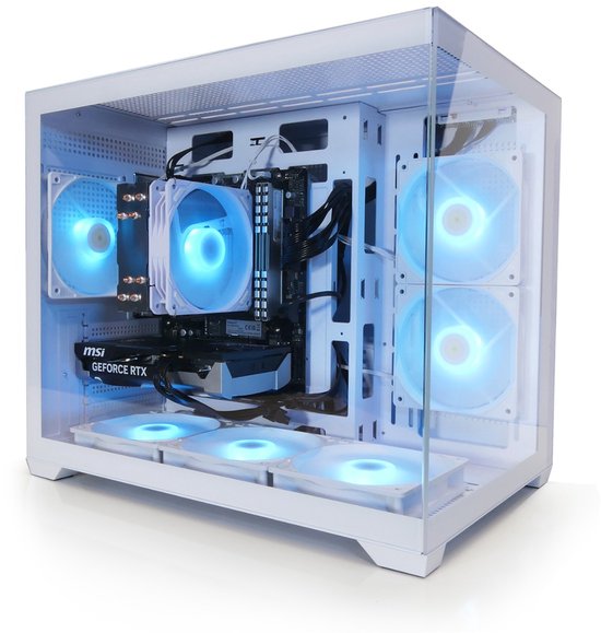 Witte pc-kast met glazen zijkant, verlichte blauwe ventilatoren en componenten.