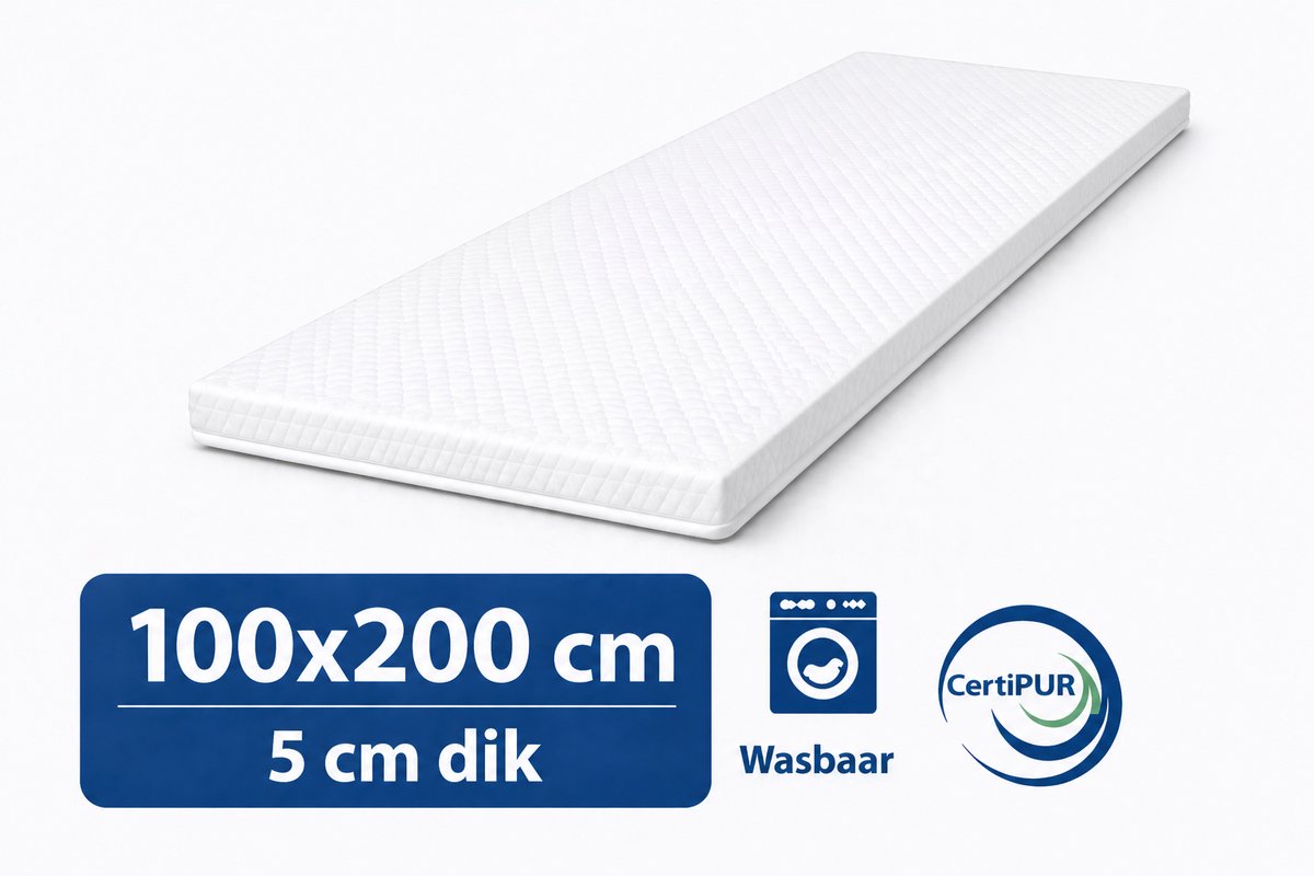 kikishop Topdekmatras 100x200 – 5 cm HR Koudschuim – Afritsbaar & Wasbaar – CertiPUR® Gecertificeerd – Medium Hardheid – Comfort Matrastopper wit