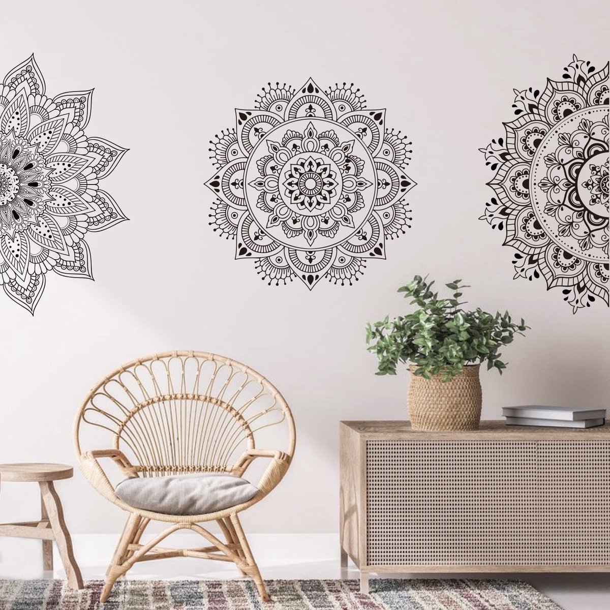 Allecto - Boho Mandala Muurstickers - Vinyl Muurstickers - Elegante Bloemdecoratie - 6 Stuks - Slaapkamer en Yoga Studio Decor - Indiase Bloemensti...