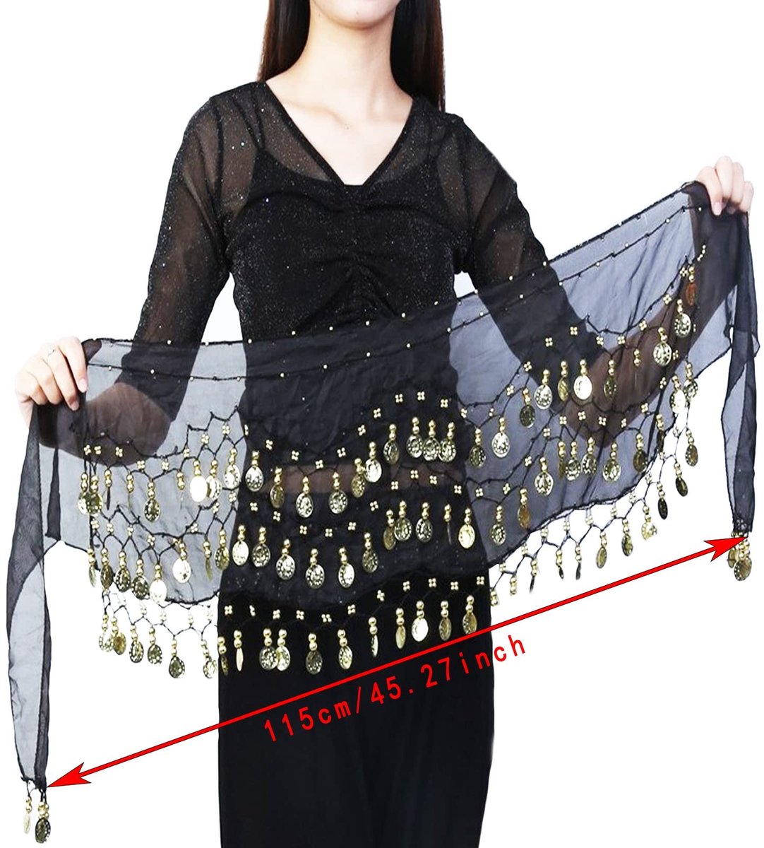 Allecto - Belly Dance Hip Scarf - Buikdansaccessoire - Zwart - Oriental Dance Scarf - Ideaal voor podiumvoorstellingen en feesten - Uniseks