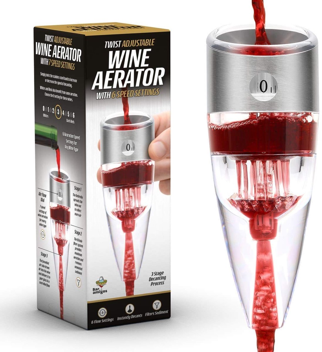 Allecto - Wijn Aerator - Verstelbaar - 6 Snelheden - Rood en Wit - Verbeter smaak en presentatie - Perfect voor wijnliefhebbers - CKB013
