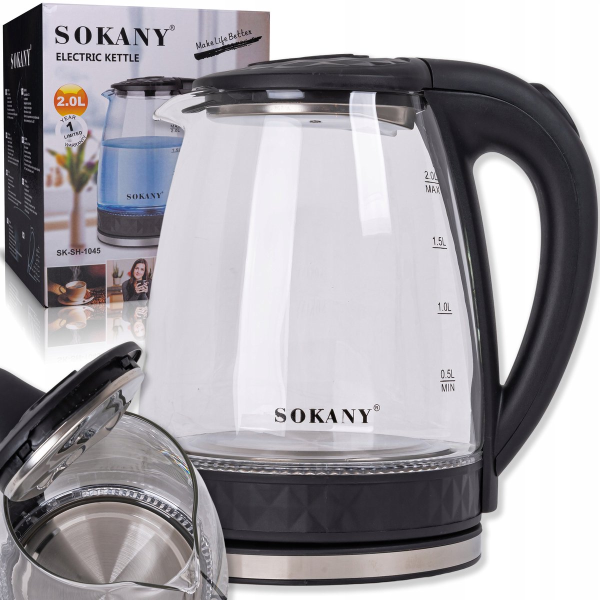 SOKANY SK-SH-1045 Glazen Waterkoker - 2.0 Liter - 1500W - Blauwe LED-verlichting - 360° Draaibaar - Automatische Uitschakeling - RVS Accent