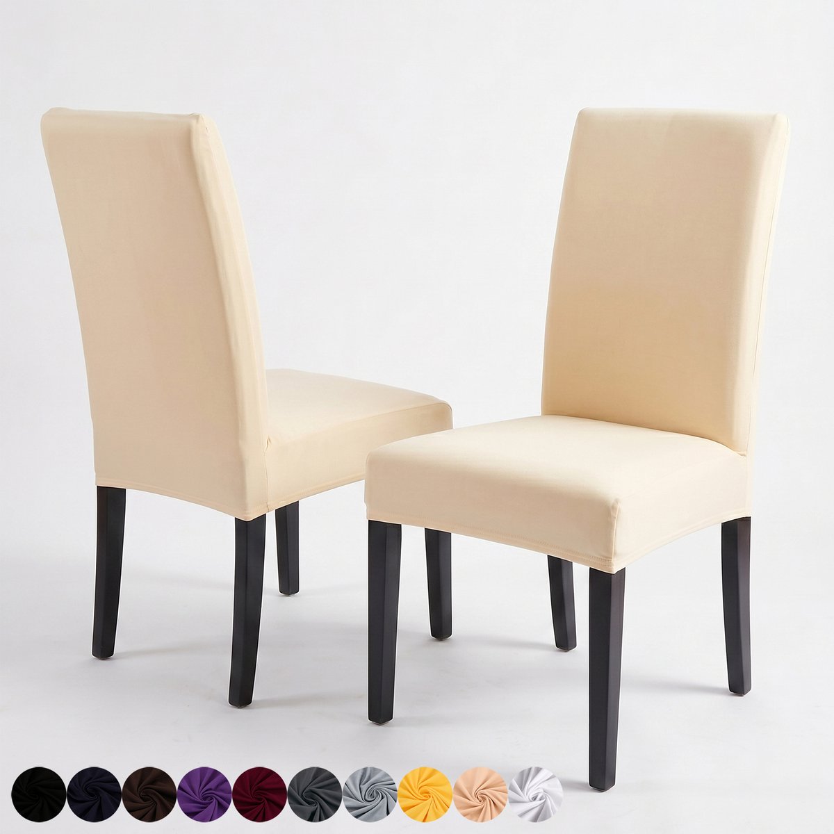 Qelus Stretch Eetkamerstoel Hoezen - 2 Stuks Spandex Stoelhoes met Bloemen & Ruitpatroon - Afneembare Stoelbeschermer voor Woonkamer, Bruiloft & Feest Banket - Beige