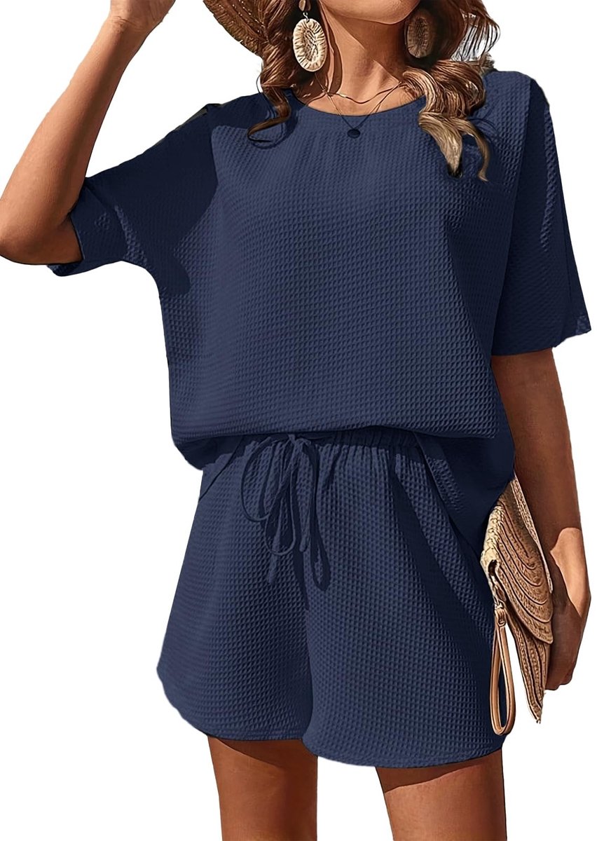 Allecto - Dames Crop Top - Casual Loungewear - Elegant Set voor Zomer - Donkerblauw - Shorts met Elastische Taille - Perfect voor Strand en Vrije T...