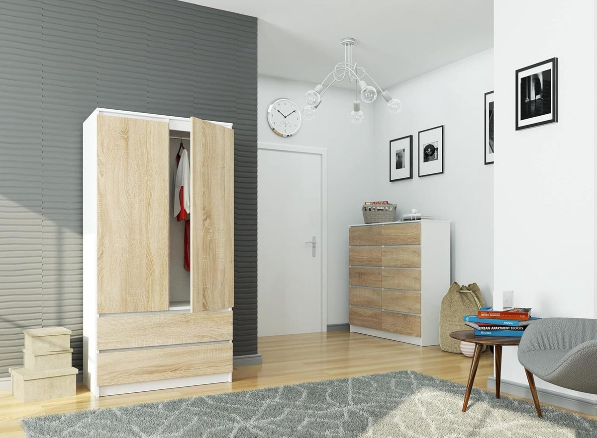 Kledingkast 2-Deurs 90 x 51 x 180 cm – Compacte Garderobekast met Lades, Legplanken en Hangrail – Wit Sonoma Eiken | Vermissen