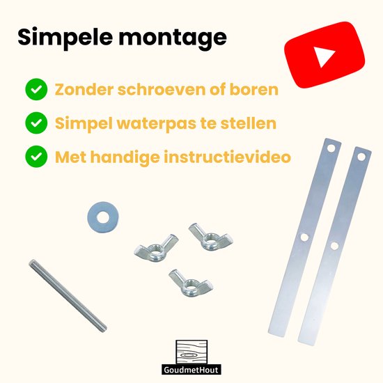 Simpele montage zonder schroeven of boren, waterpas te stellen. Onderdelen en instructievideo.