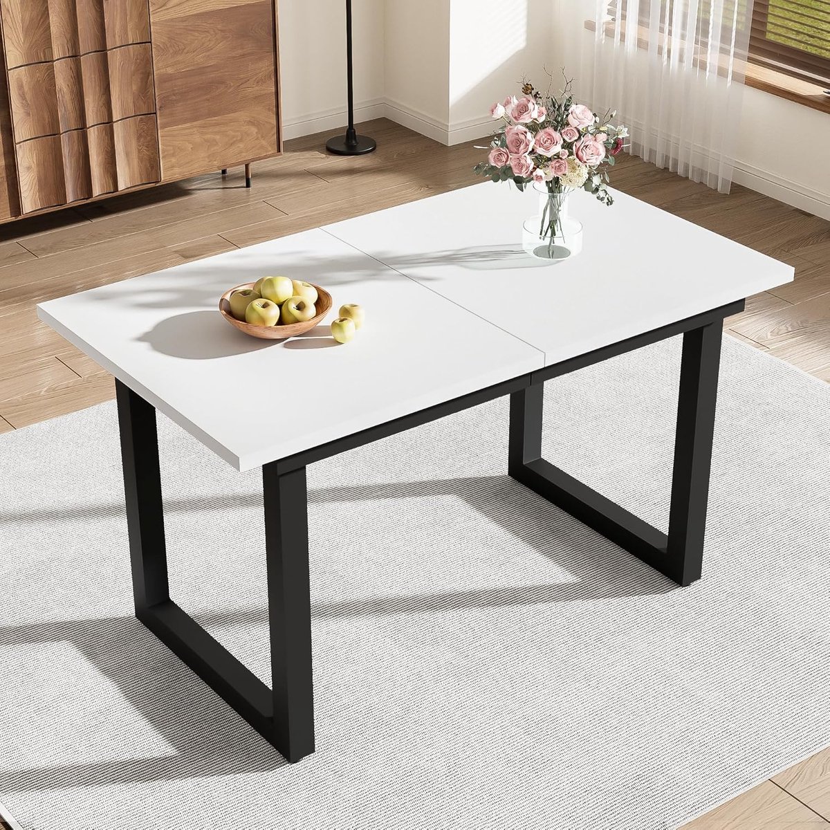 Uittrekbare eettafel rechthoekig 140/180 x 80 x 75 cm – wit industrieel design – metalen poten – moderne eetkamertafel voor 4-6 personen – Vermissen